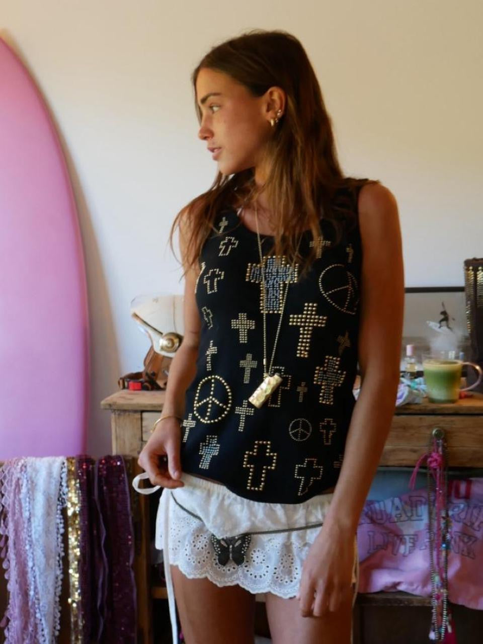 Vintage 00’s cross and peace signs studded black tank top