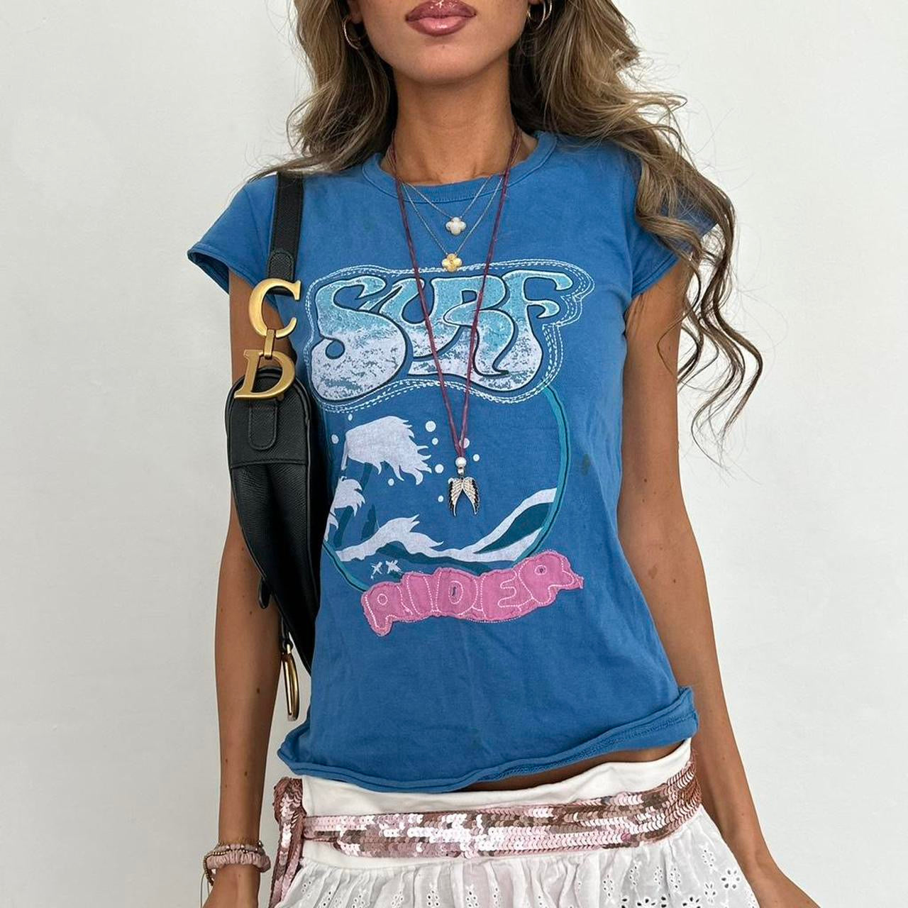 Vintage slogan Surf Rider blue & pink baby tee