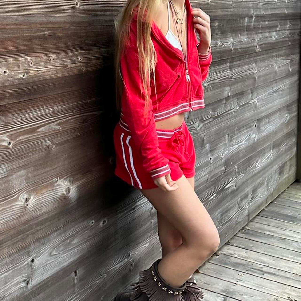 Vintage 90’s red terry cloth hoodie and shorts set