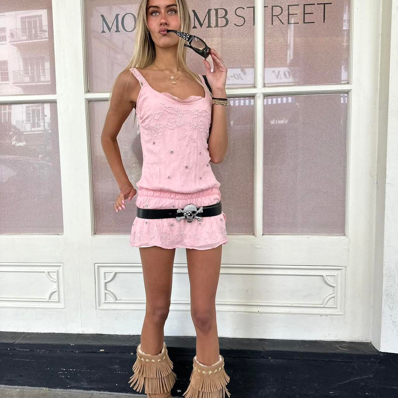 Vintage 2000s pastel pink lace sequin mini dress