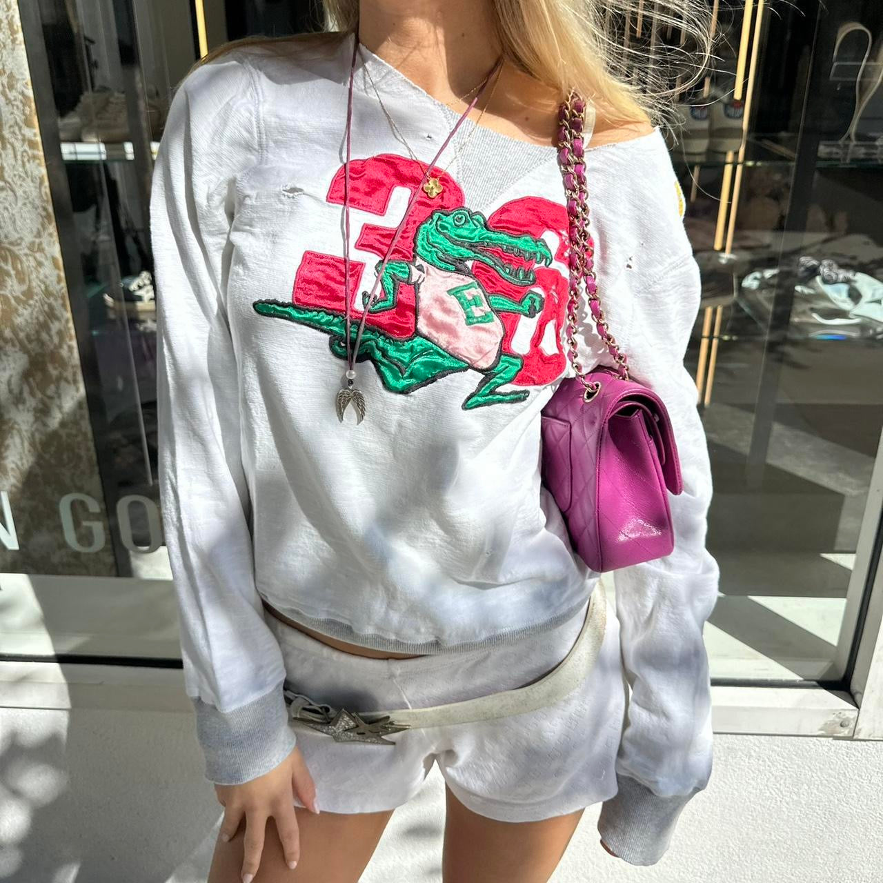 Vintage 2000’s distressed gator off shoulder sweatshirt