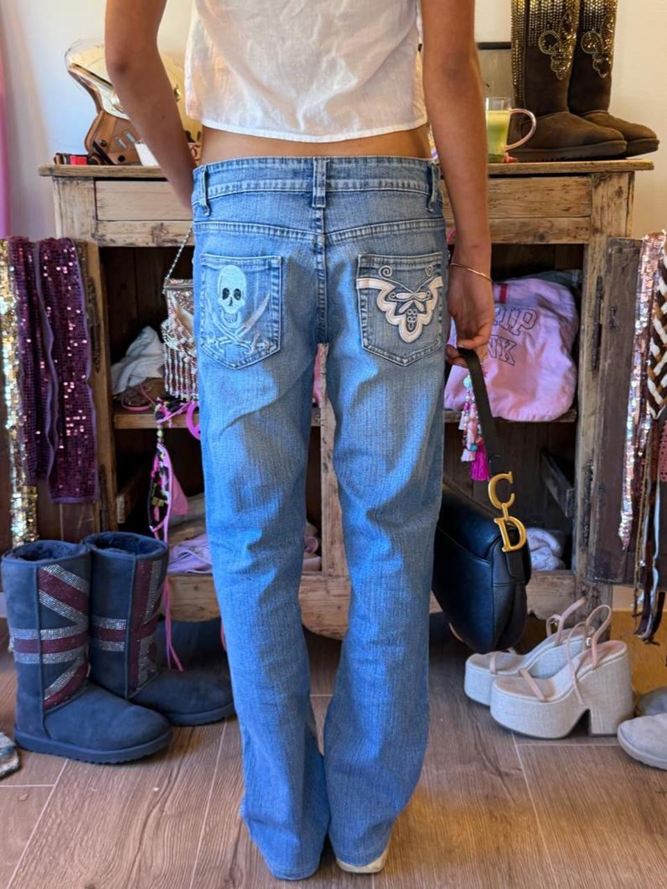 Vintage 00s skull and crossbone embroidered bootcut jeans