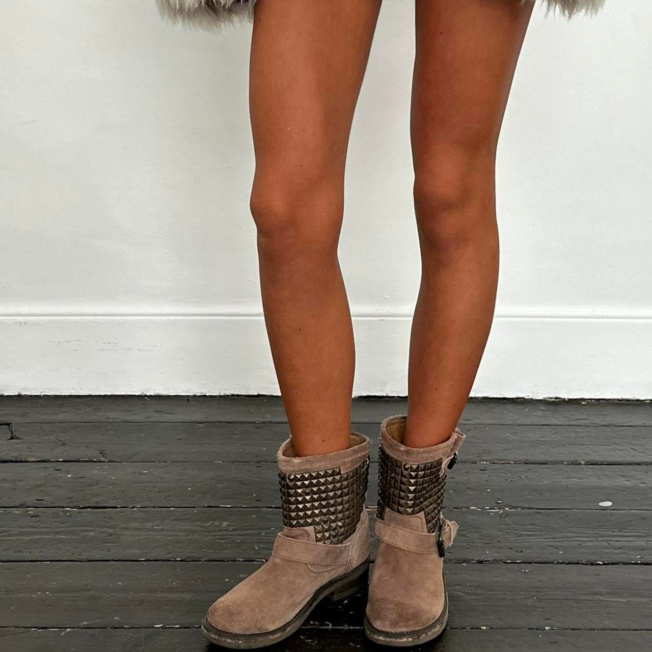 Vintage brown studded genuine leather ankle boots