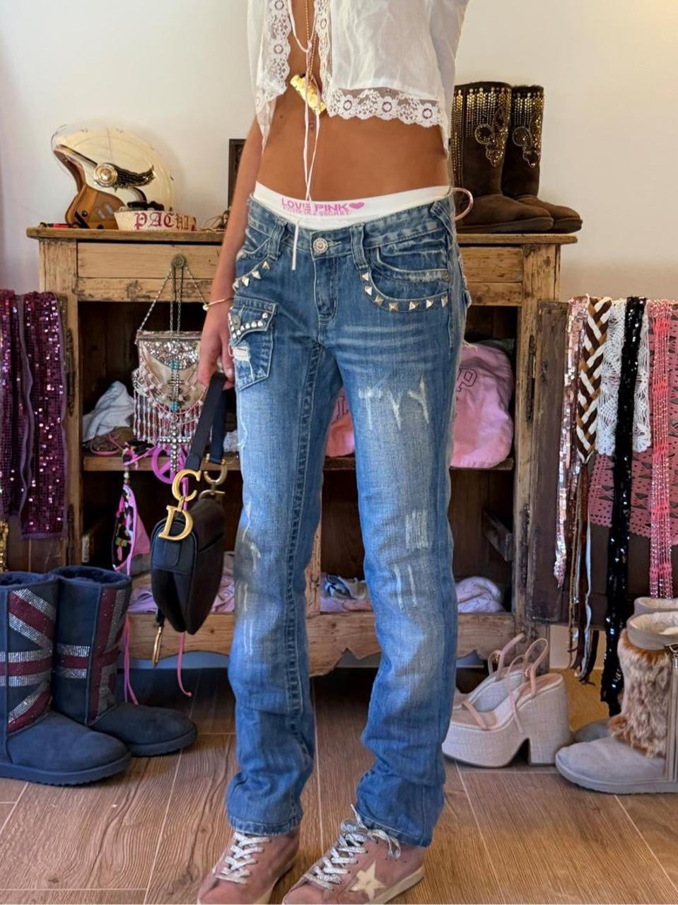 Vintage 00s studded distressed bootcut jeans
