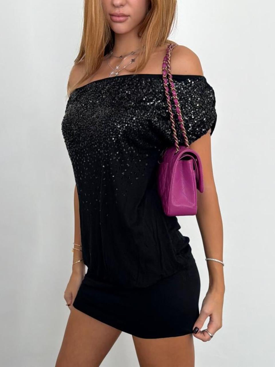 Vintage 00s black sequin off shoulder mini dress