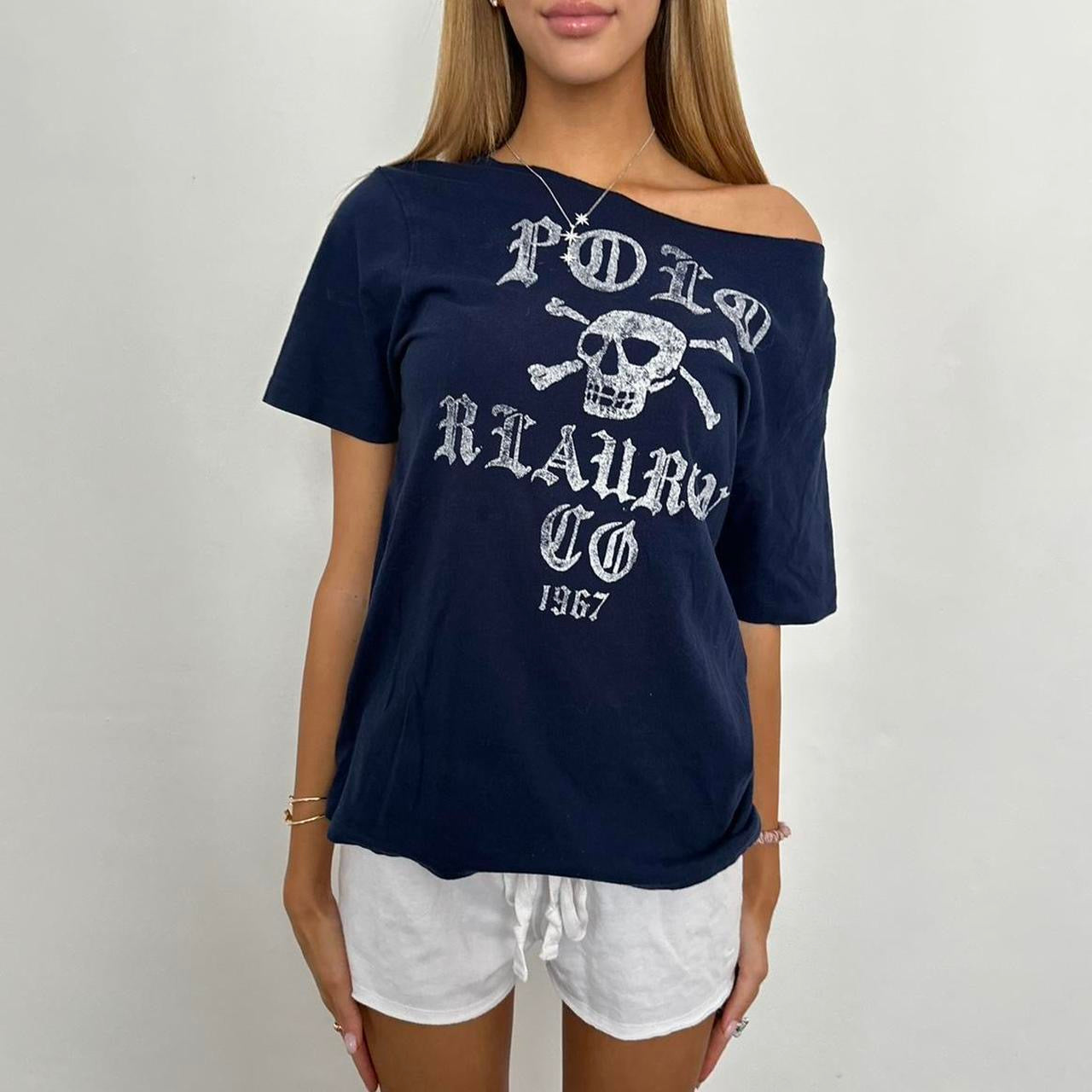 Vintage Ralph Lauren navy skull off shoulder tee