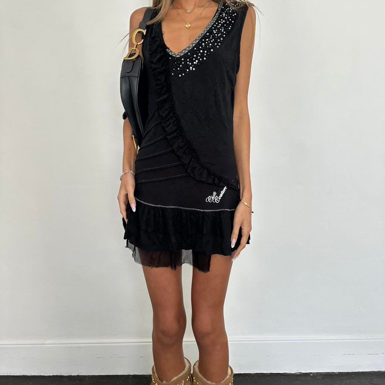 Vintage 00s black lace ruffle mini dress