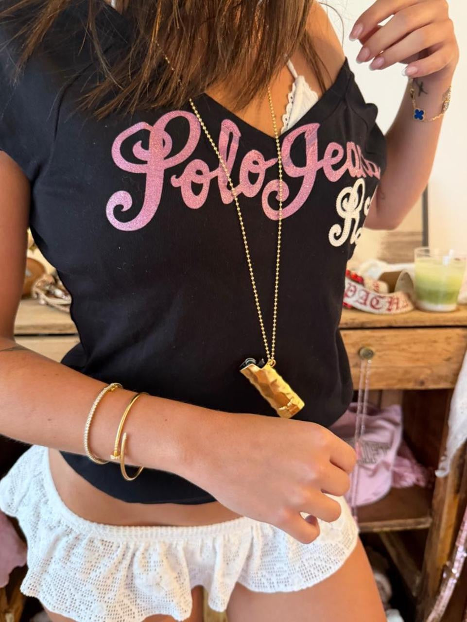 Vintage 00’s Polo Ralph Lauren off shoulder black and pink graphic top