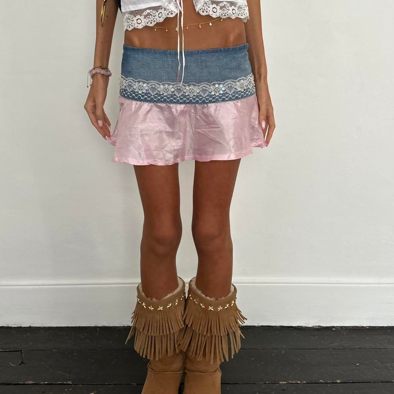 Vintage denim baby pink silky lace mini skirt