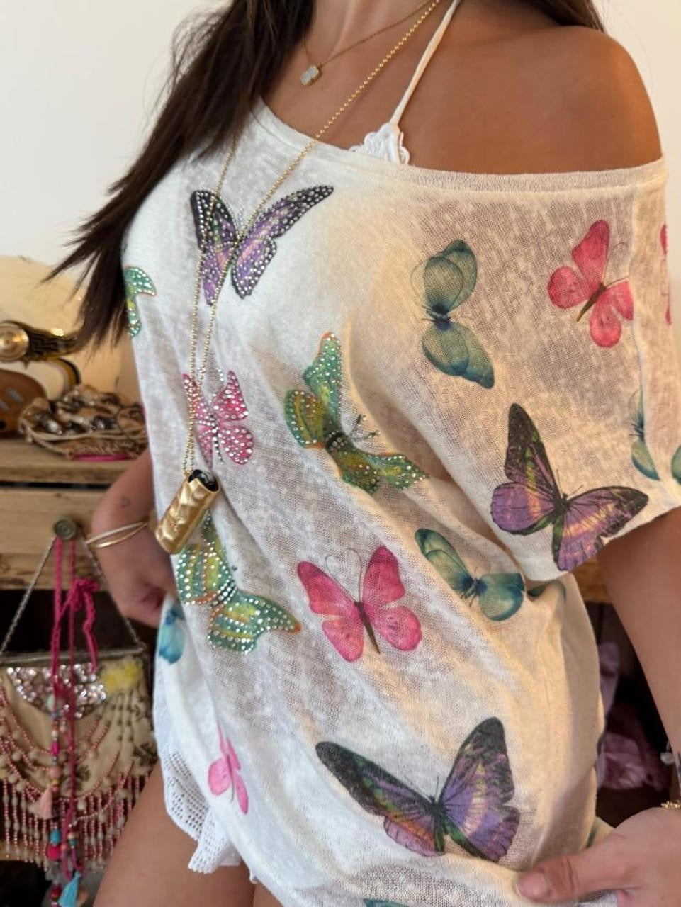 Vintage 00’s butterfly white off shoulder top