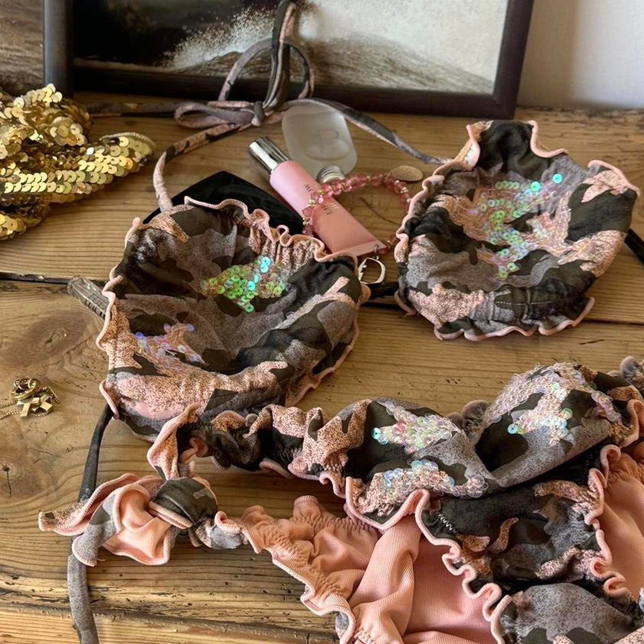 Vintage sequin camouflage ruffle bikini