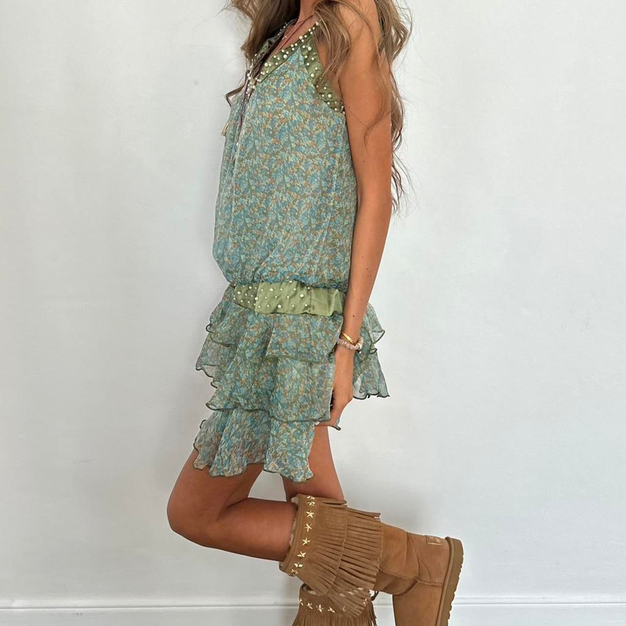 Vintage 2000s green ruffle Parisian sequin mini dress
