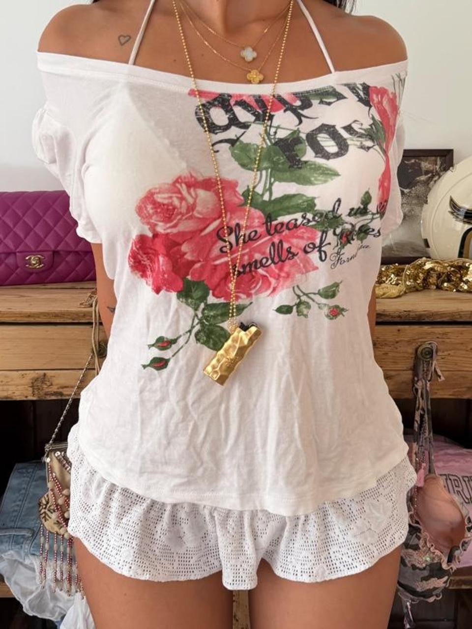 Vintage 00s graphic off shoulder rose top
