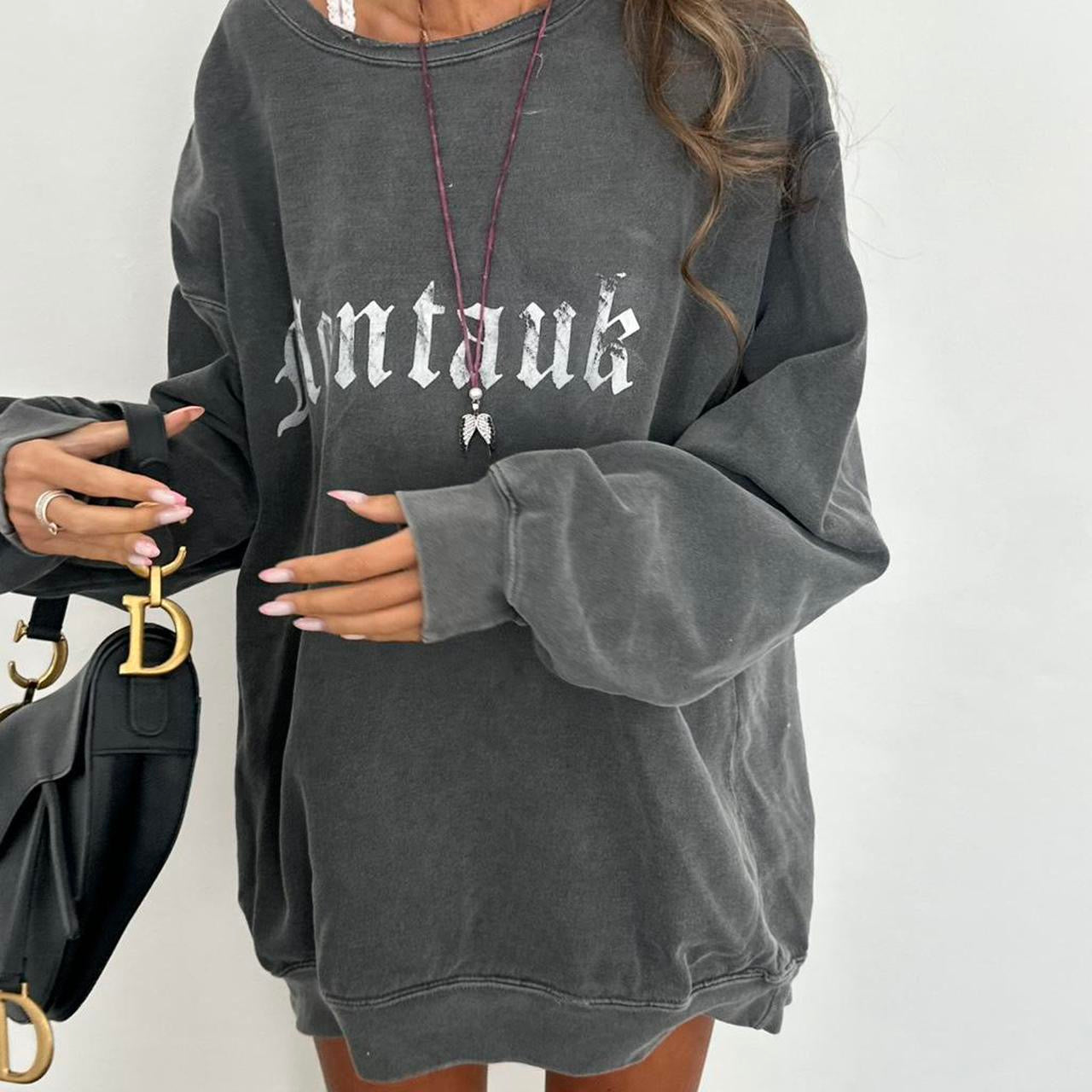 Vintage grey Montauk script washed distressed sweatshirt