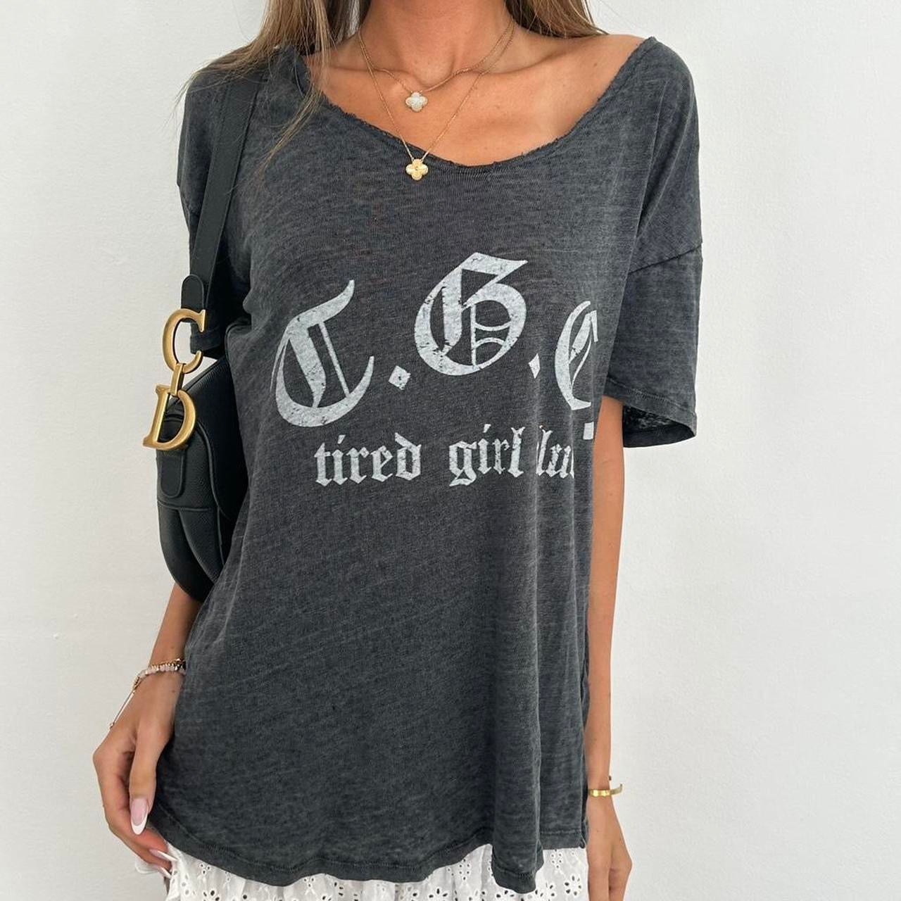 Vintage grey gothic script top ‘Tired Girl Club’
