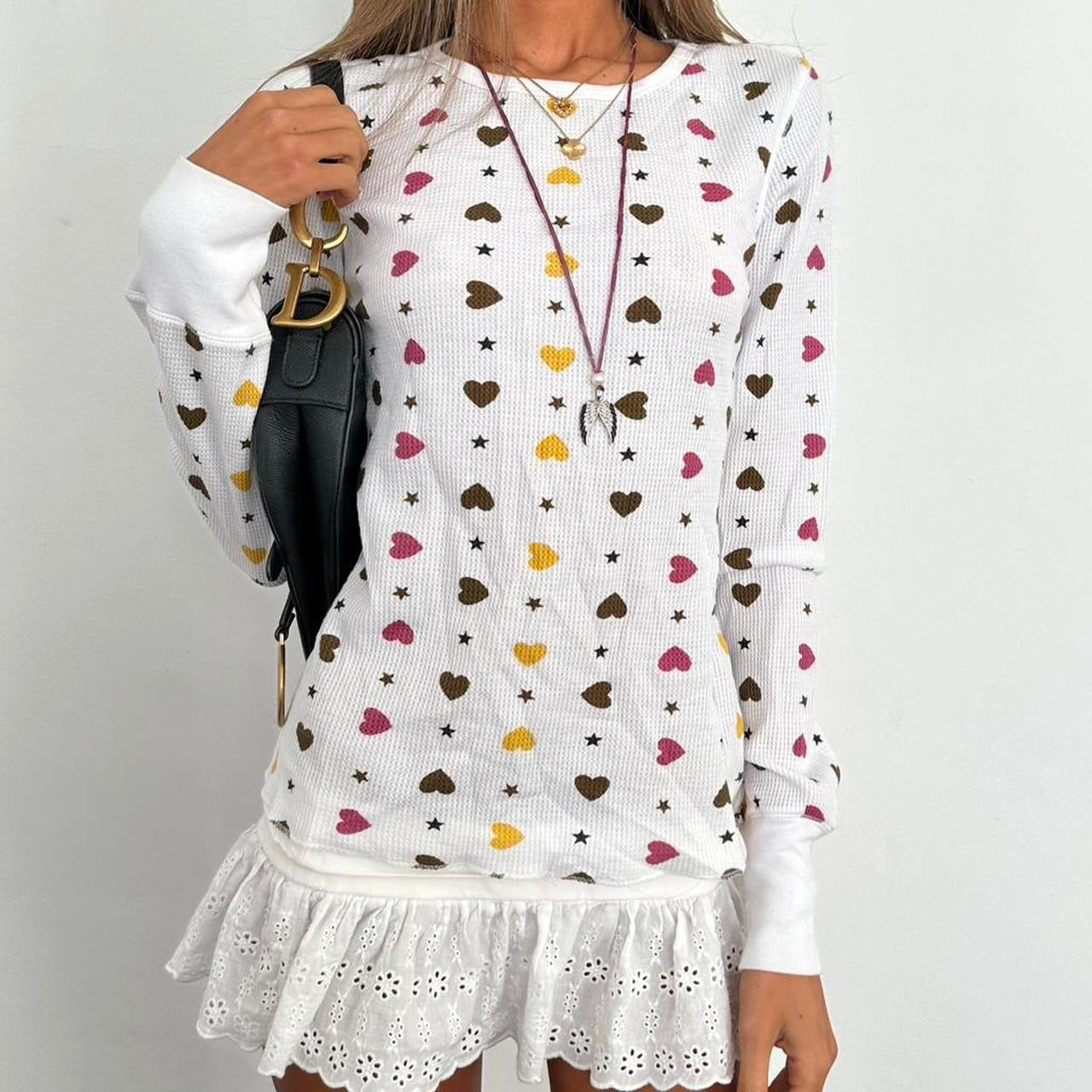 Vintage 2000s heart and stars waffle long sleeve top