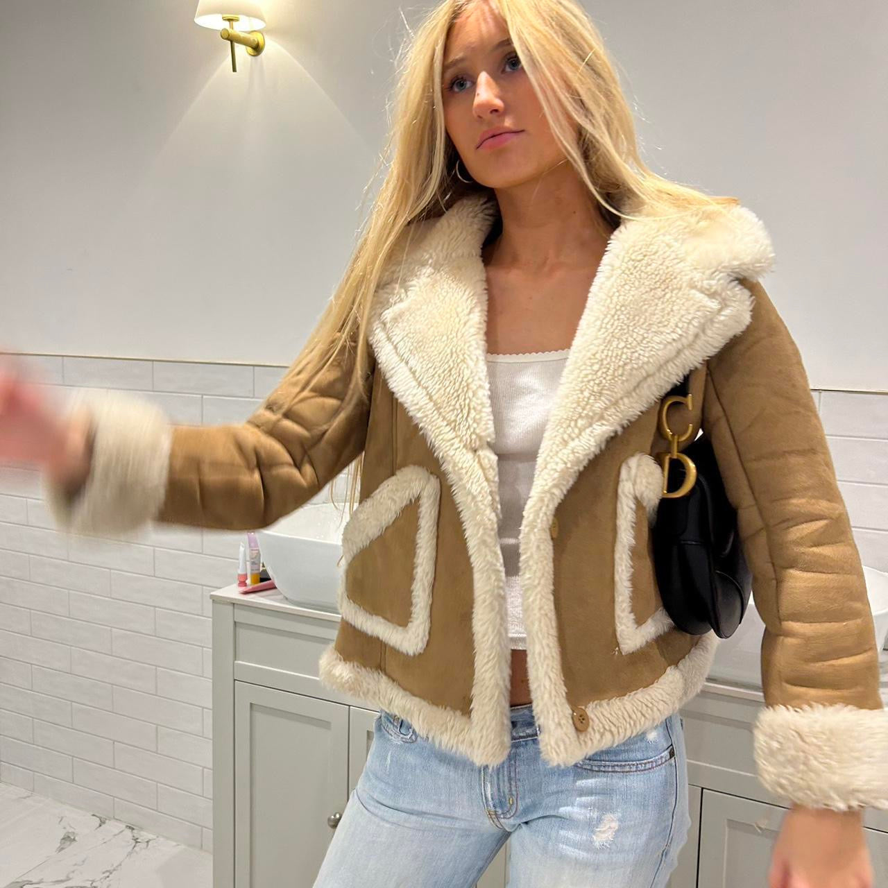 Vintage 2000’s brown suede leather & white faux fur jacket