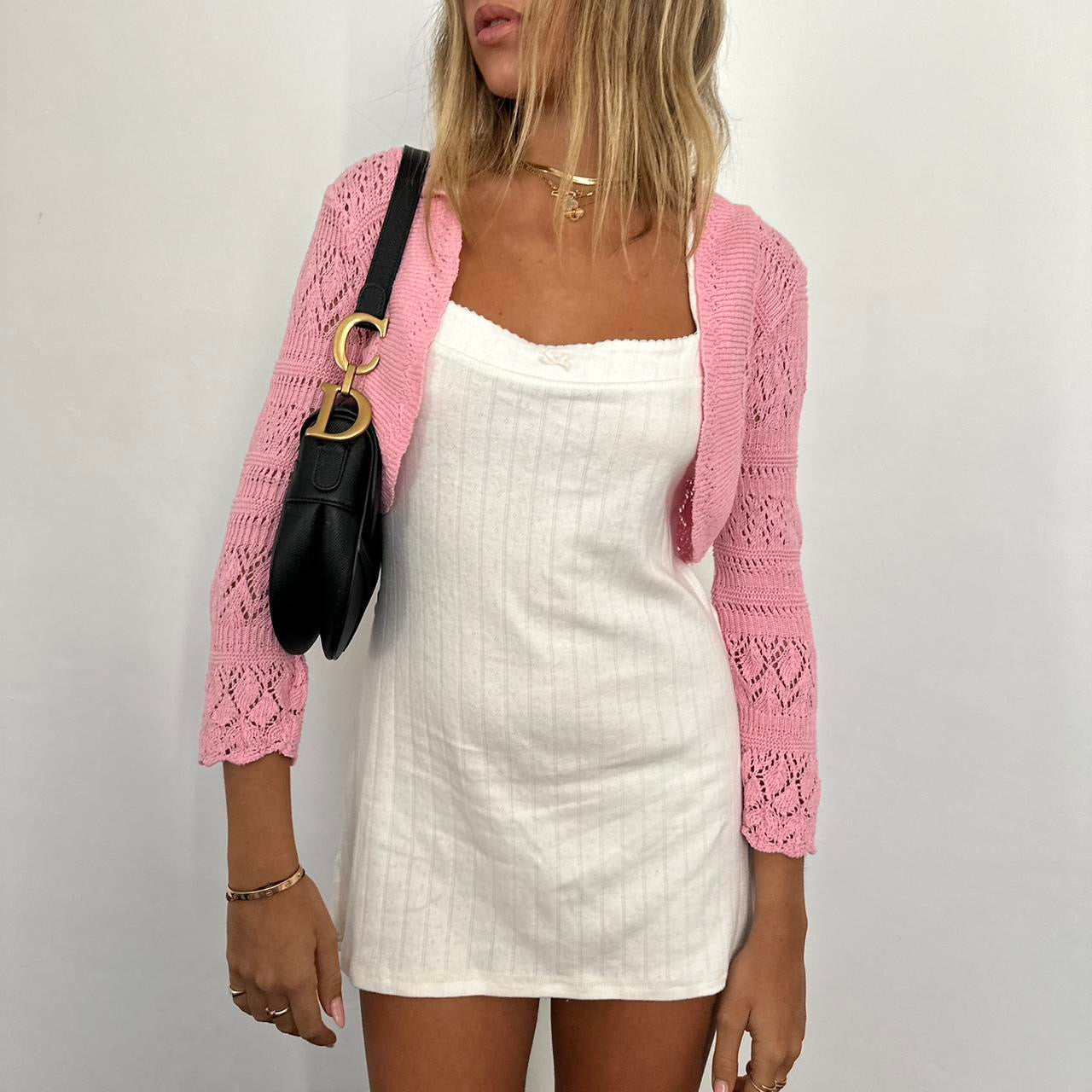 Vintage pink crochet long sleeve cardigan top