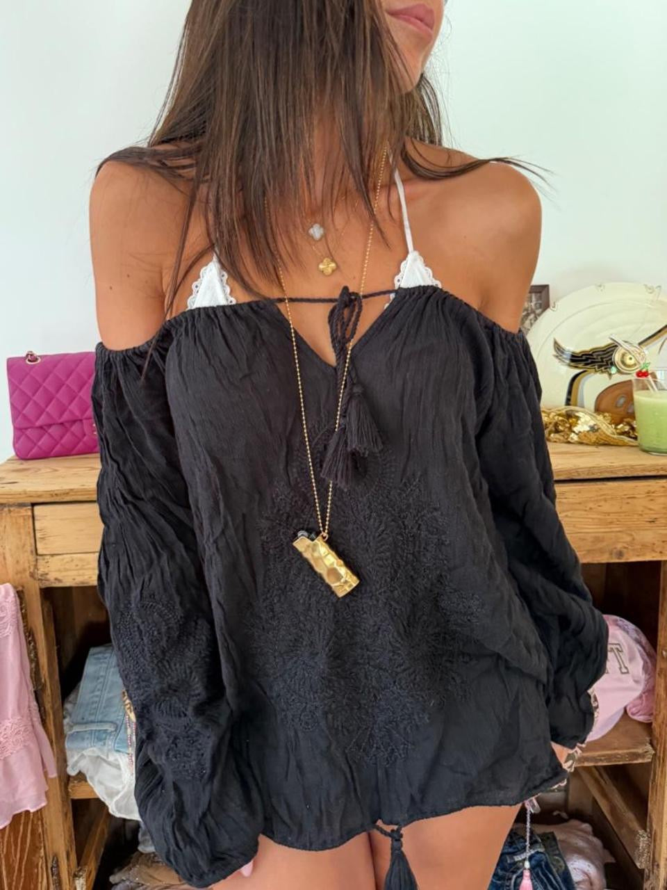 Vintage 00s black off the shoulder boho top