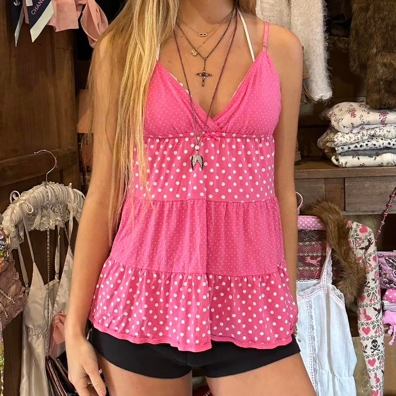 Vintage 2000’s Victoria’s Secret pink polka dot babydoll top