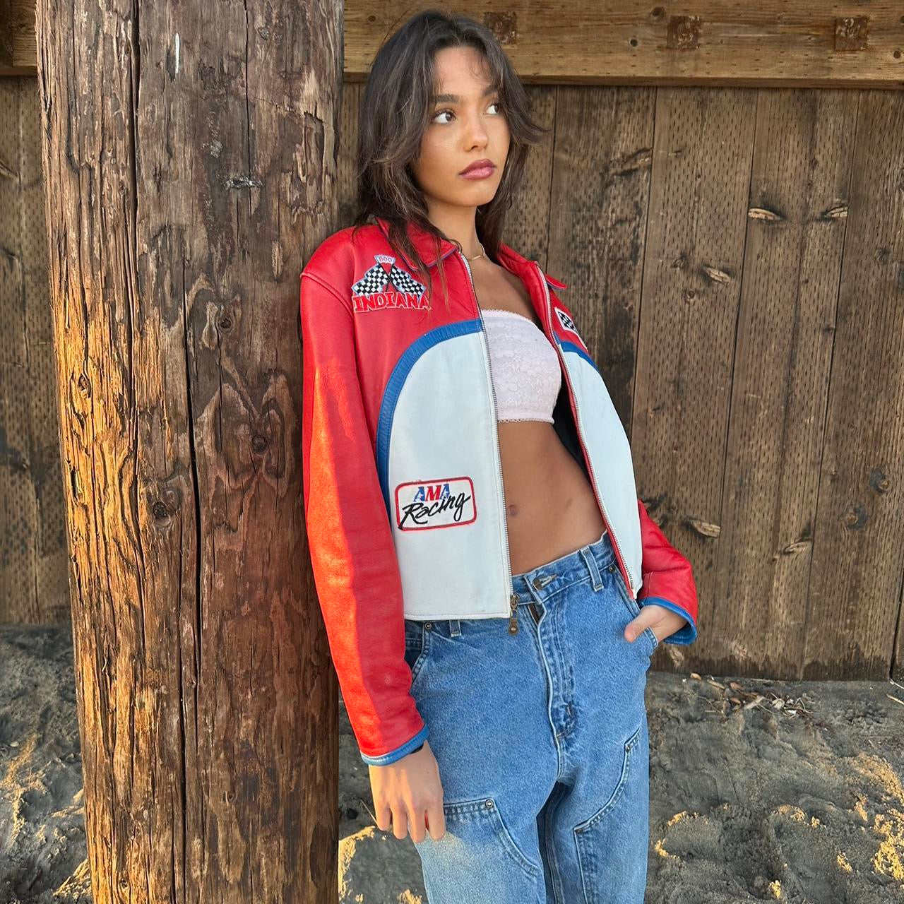 Vintage 90s red and white leather jacket  ❤️