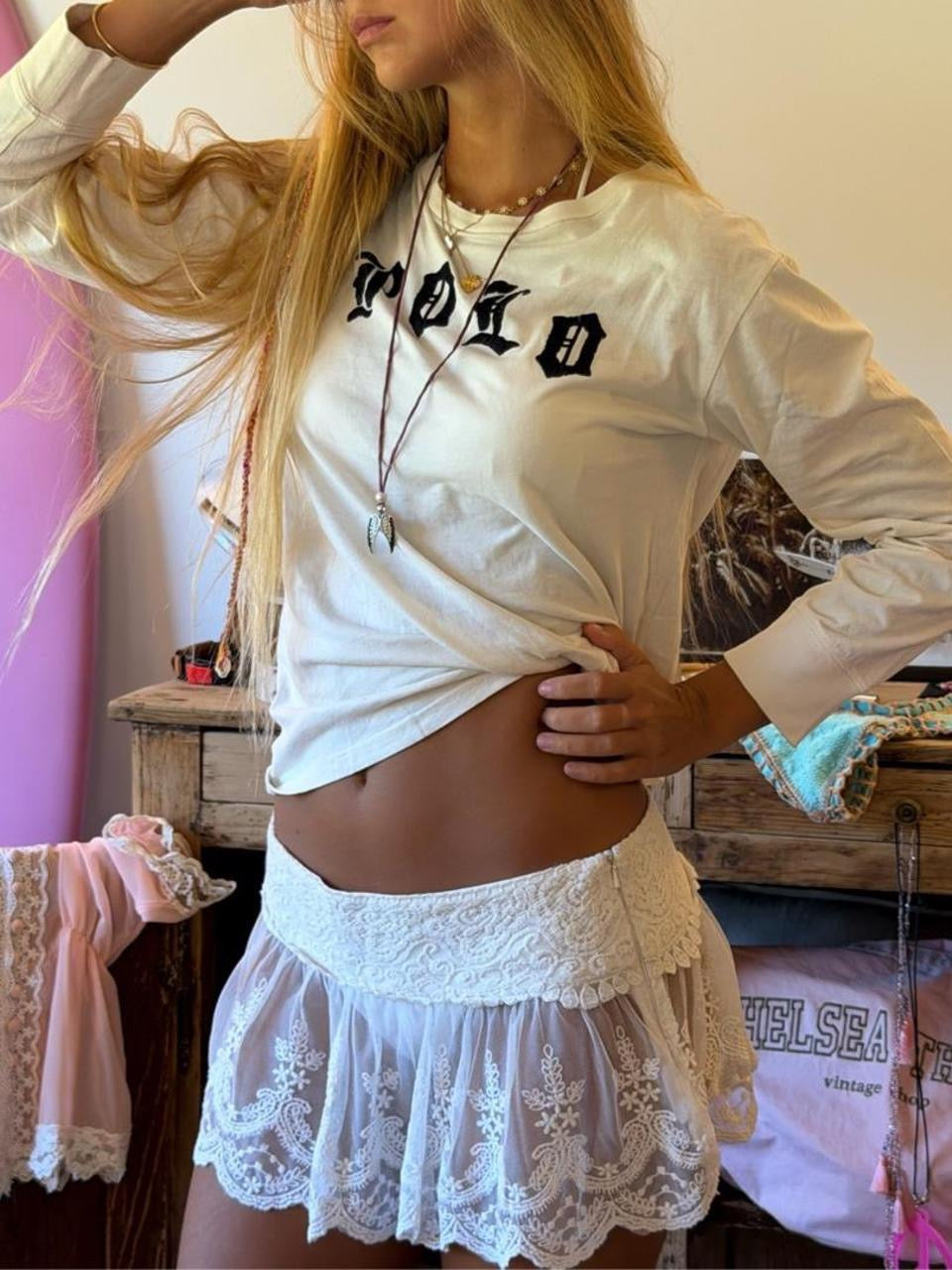 Vintage 2000’s Ralph Lauren skull white gothic script long sleeve top