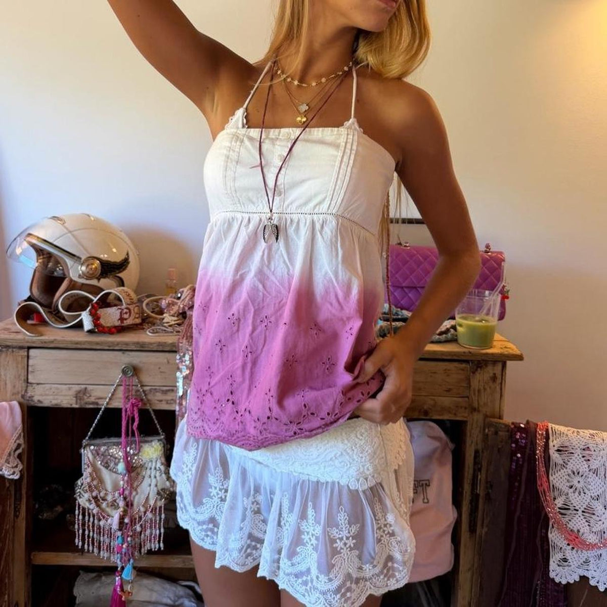 Vintage 00s pink ombre broderie strapless top
