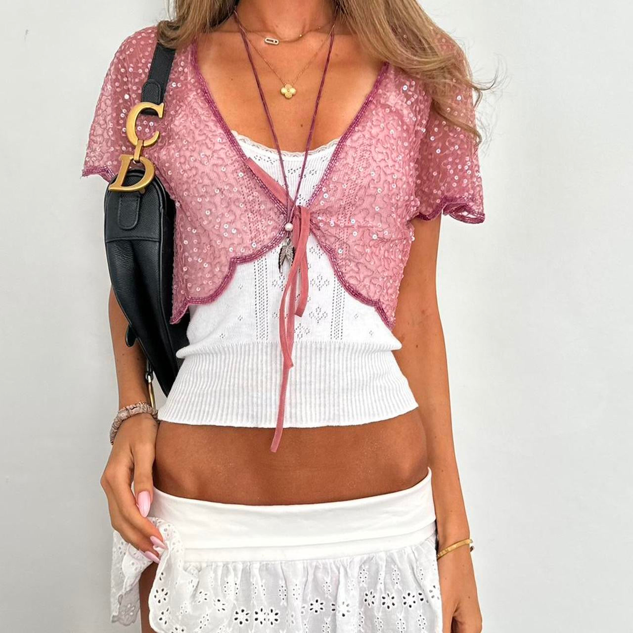 Vintage 2000s pink sequin tie up top