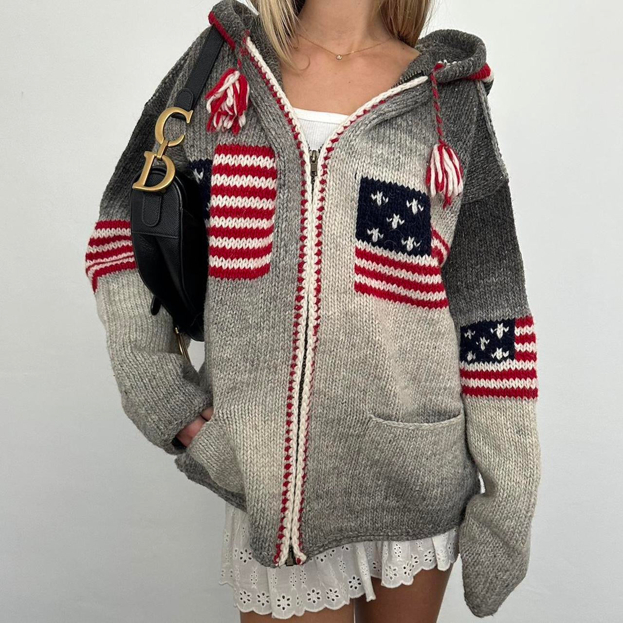 Vintage 2000’s grey American flag knitted hooded zip up