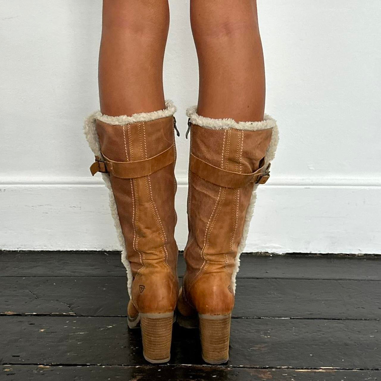 Vintage shearling leather tan heel boots