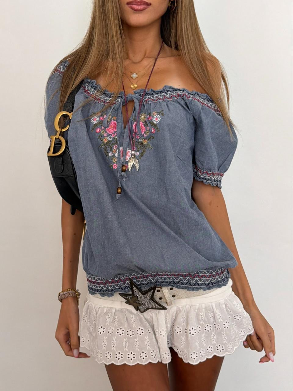 Vintage 00s denim style embroidered boho top