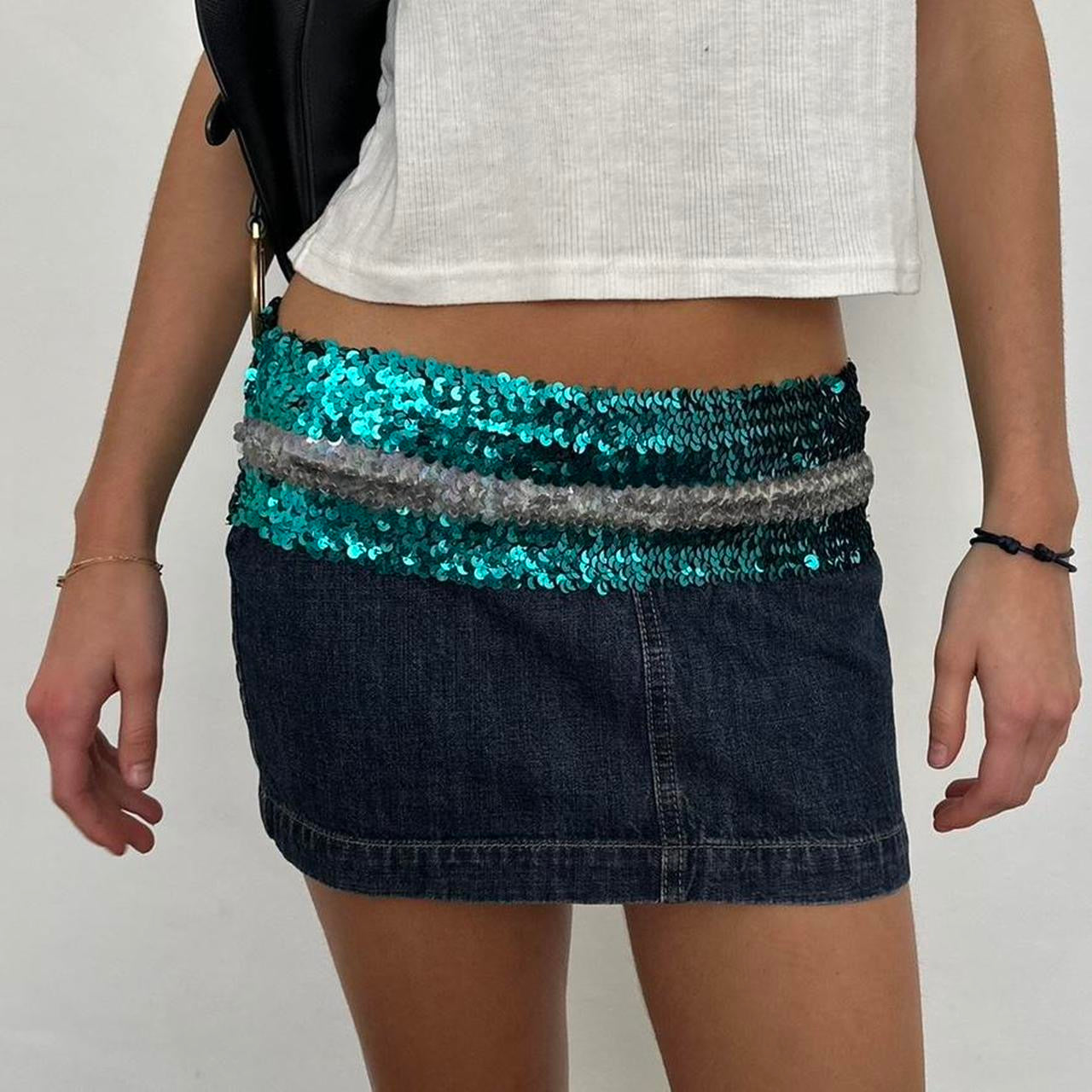 Vintage 2000s sequin denim blue mini skirt