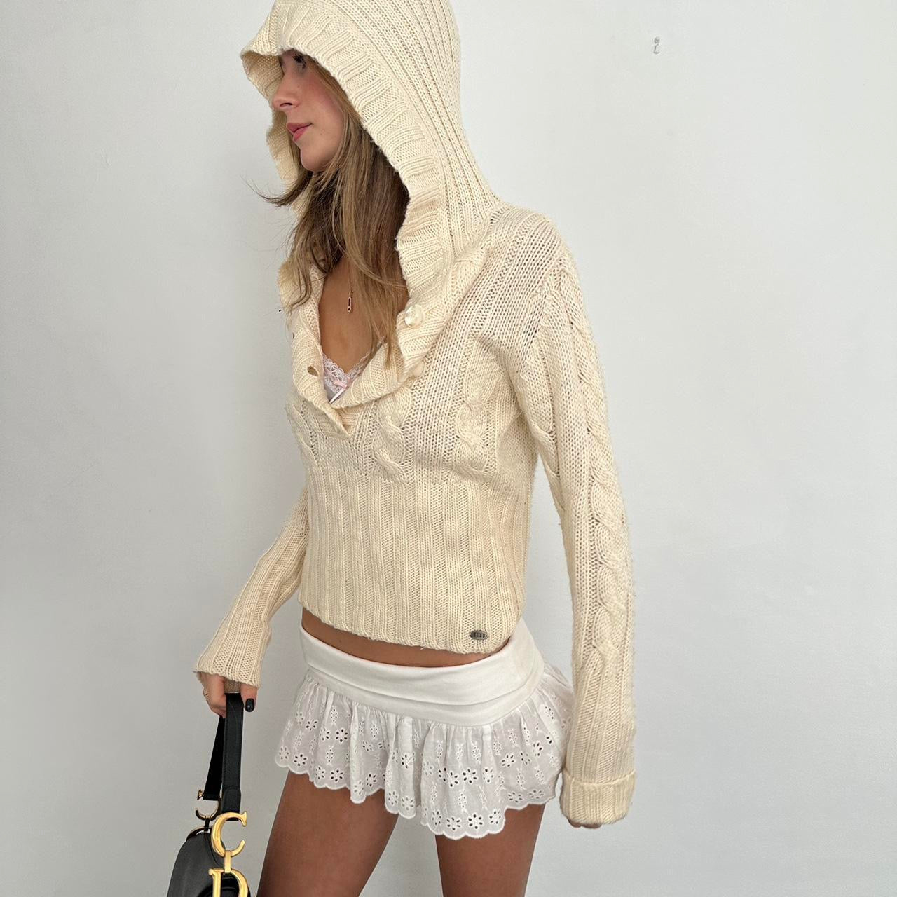 Vintage cream cable knit hooded sweater