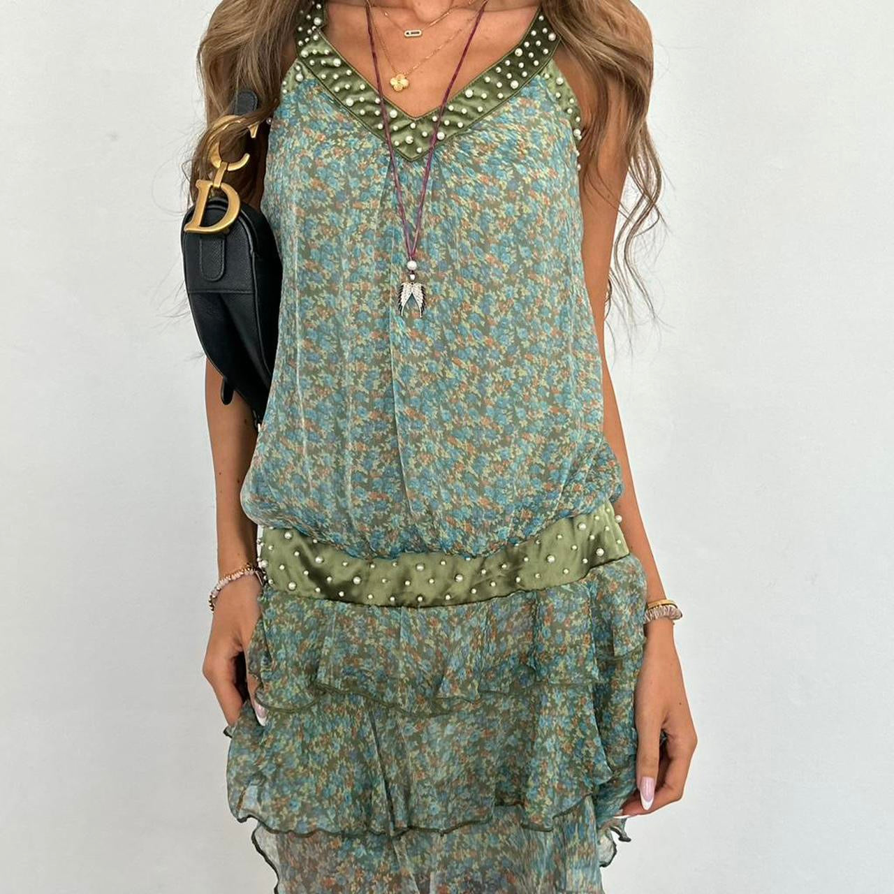Vintage 2000s green ruffle Parisian sequin mini dress – Chelsea Thrift