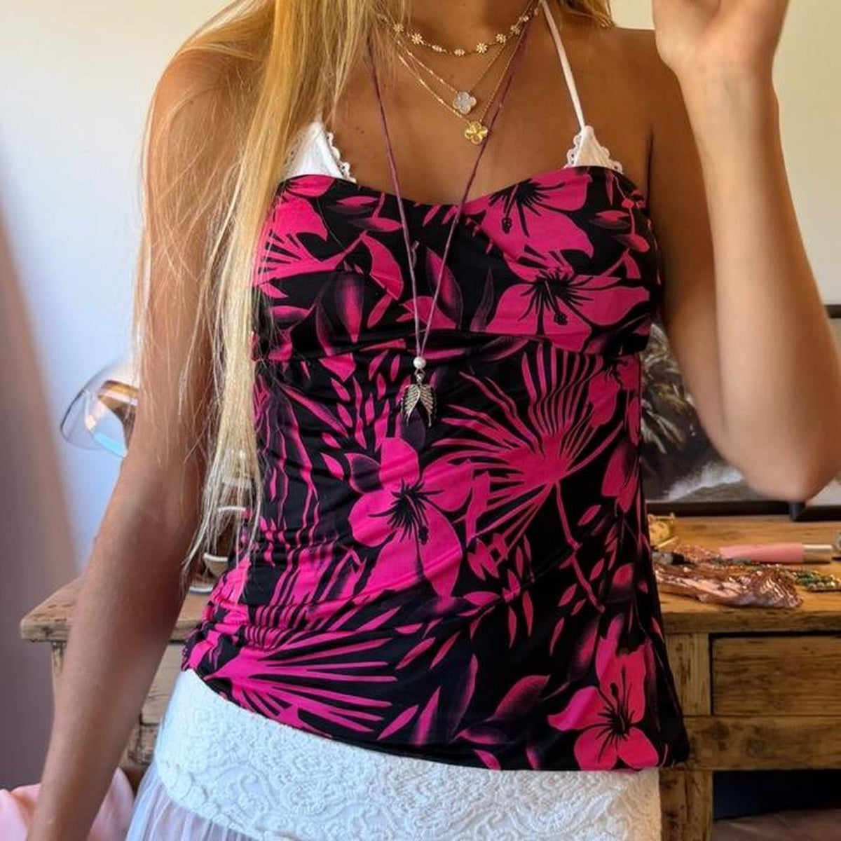 Vintage 00s pink and black tropical print strapless top