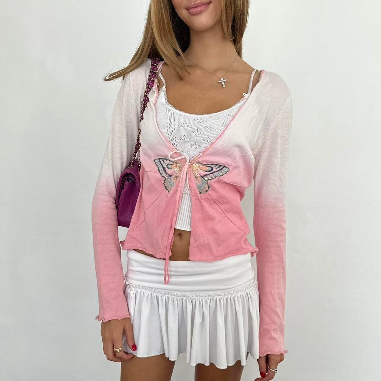 Vintage 00s pink ombré butterfly tie up top