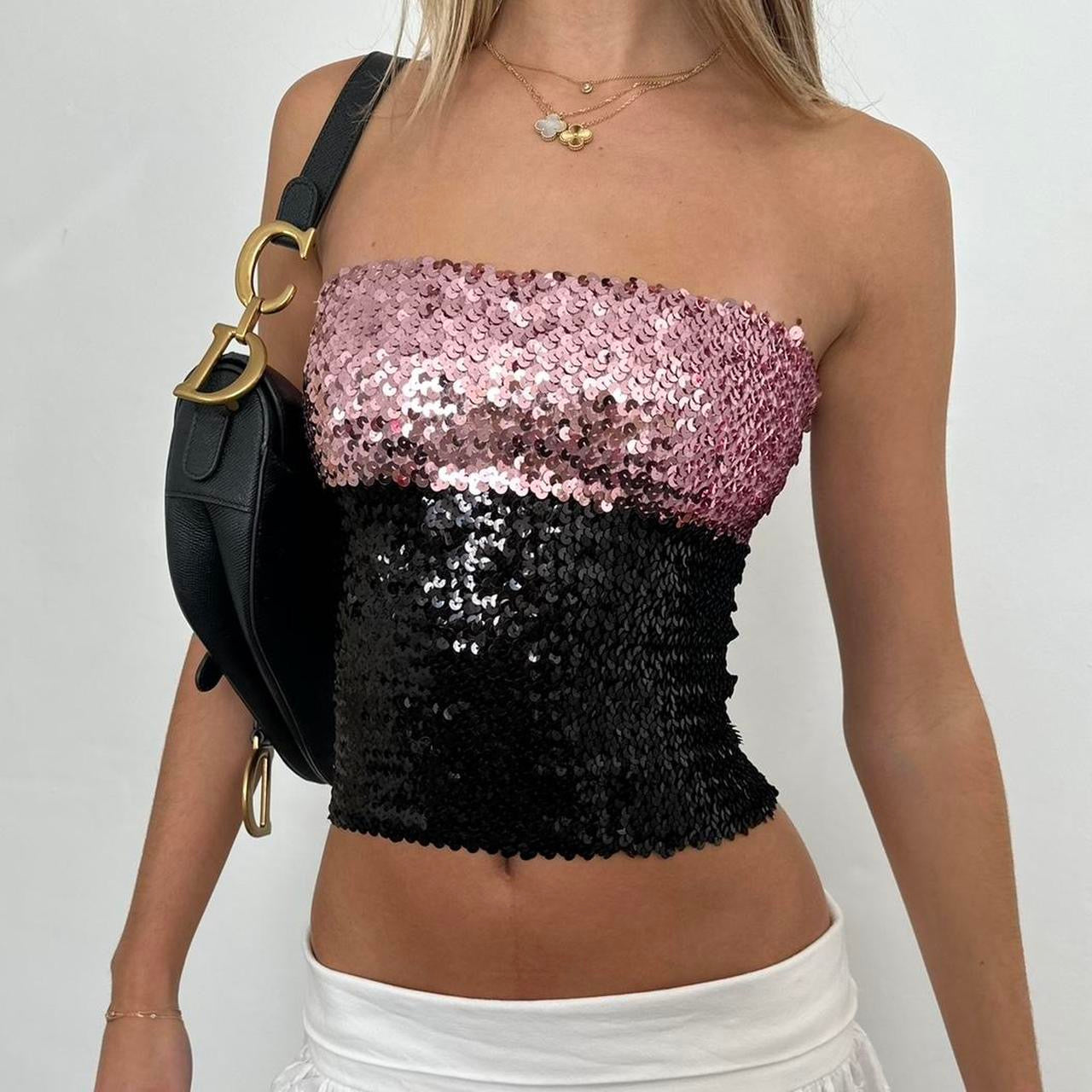 Vintage black and pink sequin strapless top