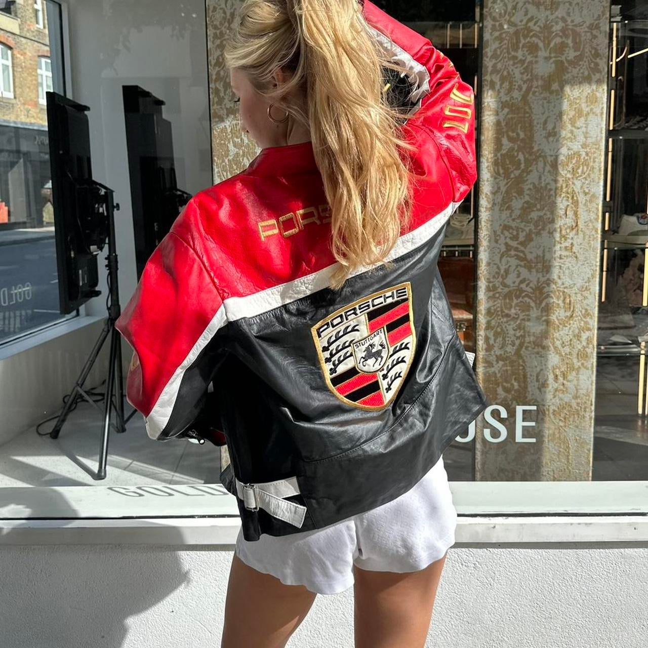 Vintage 90’s Porsche red & black leather jacket