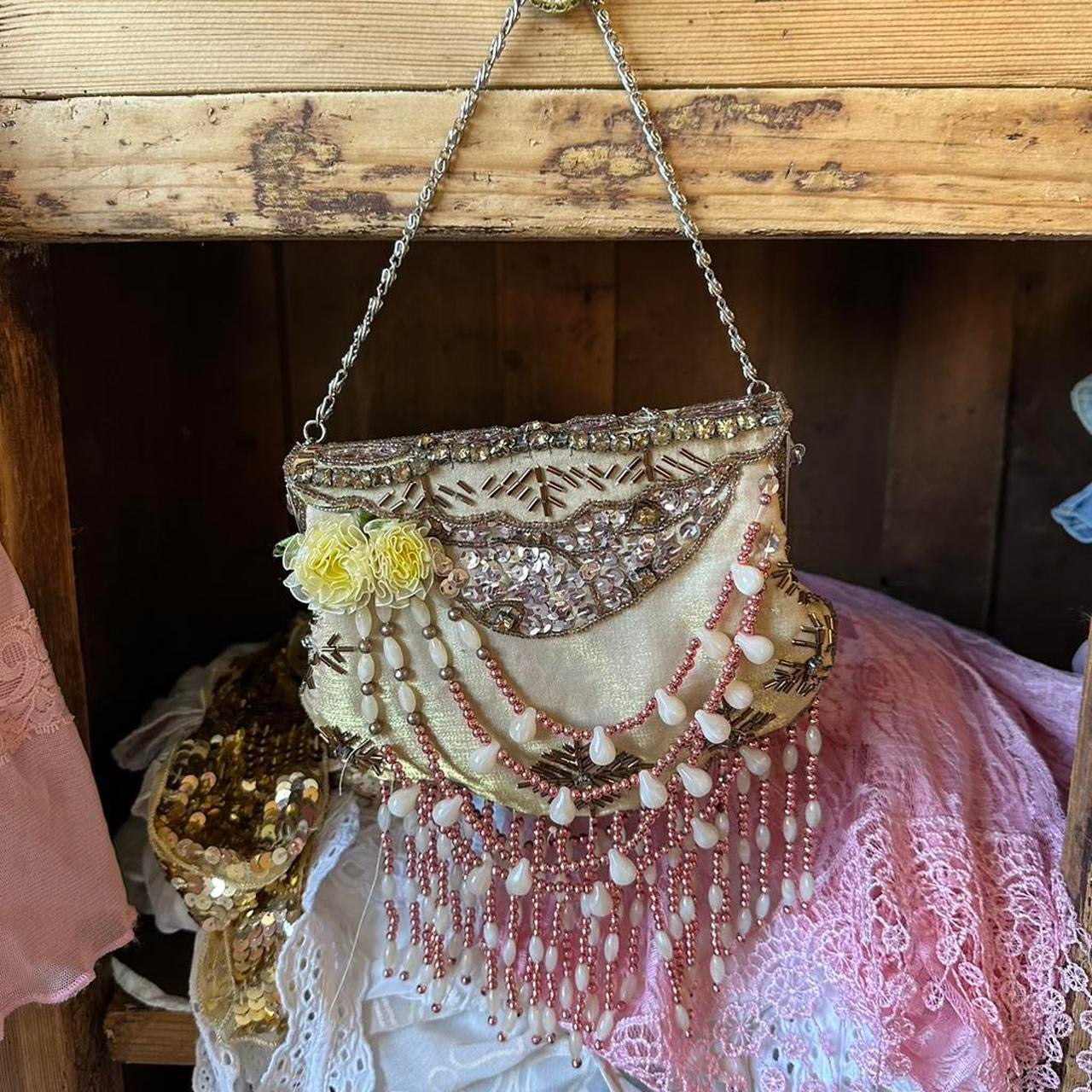 Vintage Beaded Evening Bag | Art Deco Inspired Satin Purse with Fringe & Floral Detail