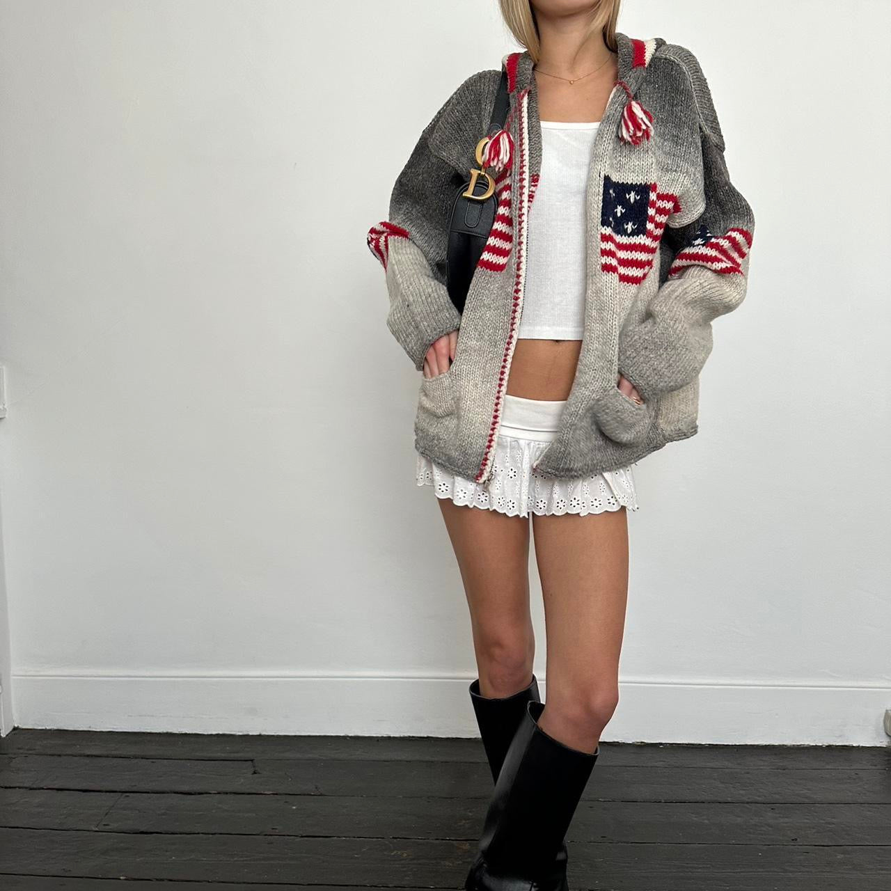 Vintage 2000’s grey American flag knitted hooded zip up