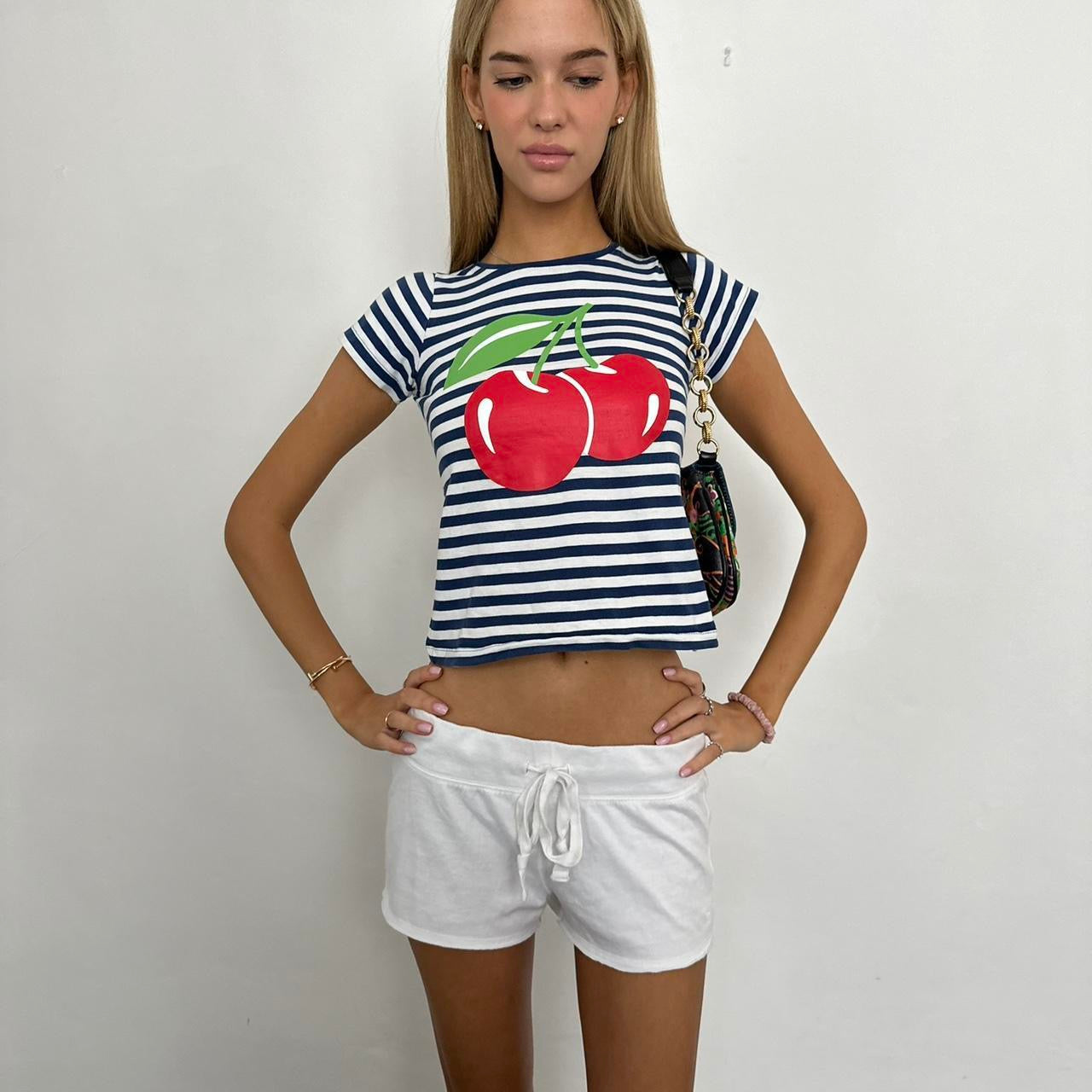 Vintage cherry navy and white striped baby tee