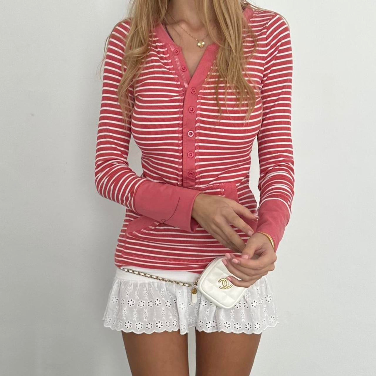 Vintage striped peach Henley long sleeve top