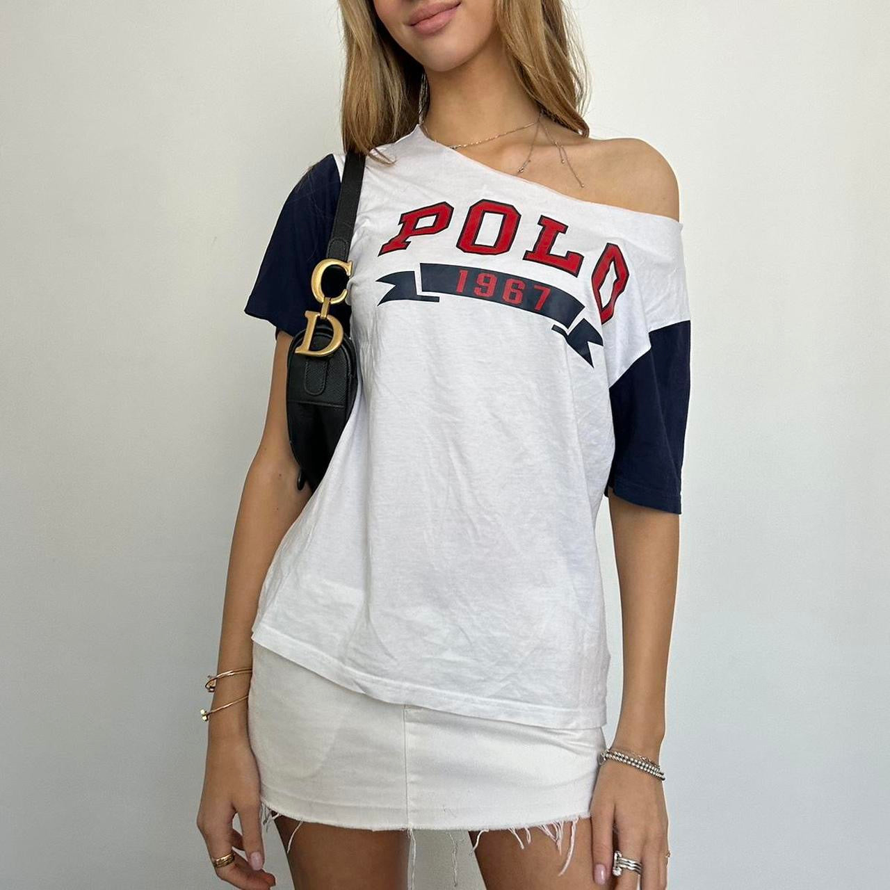 Vintage Ralph Lauren off shoulder navy and white top