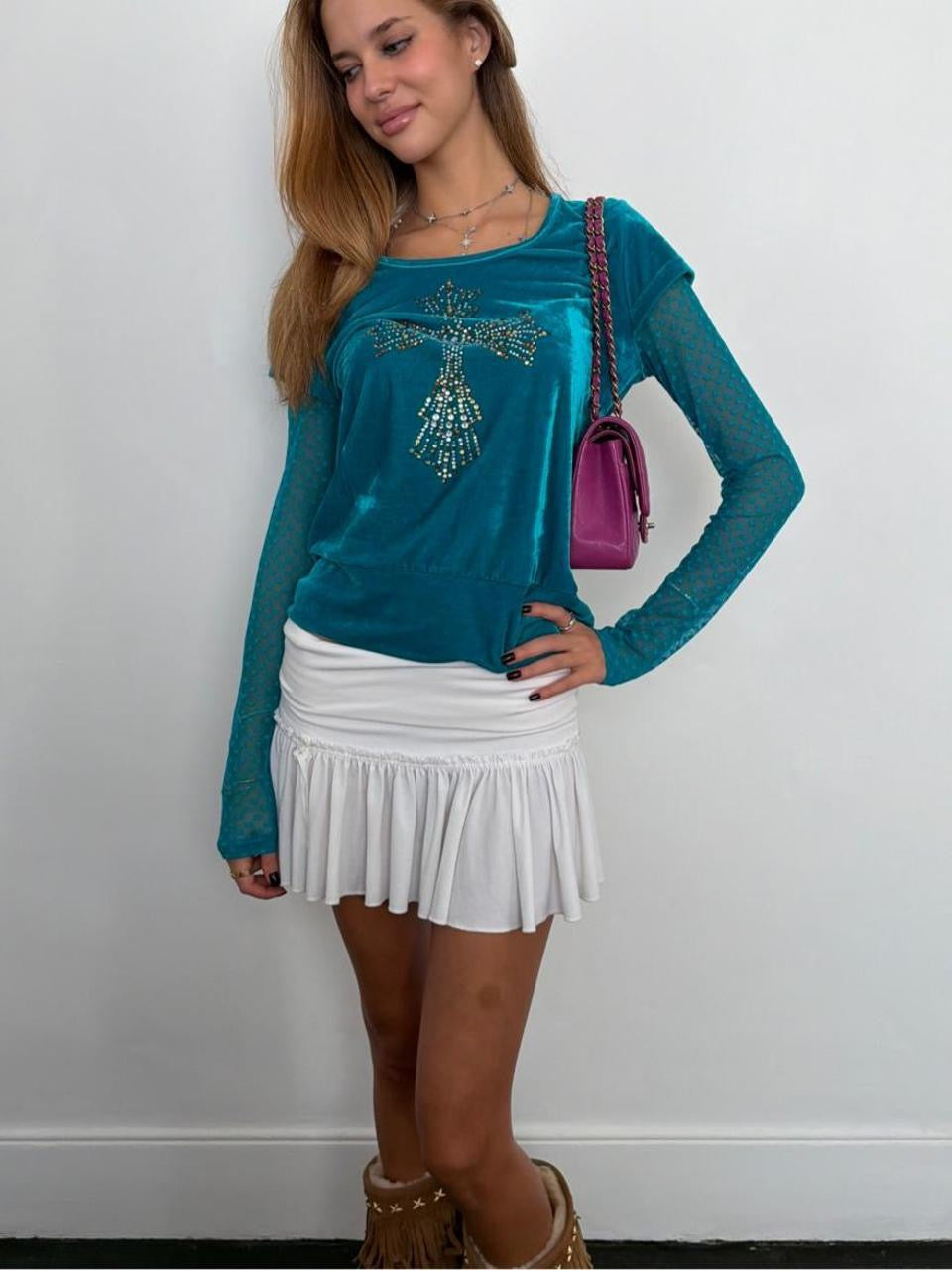 Vintage 00’s turquoise velvet cross design top