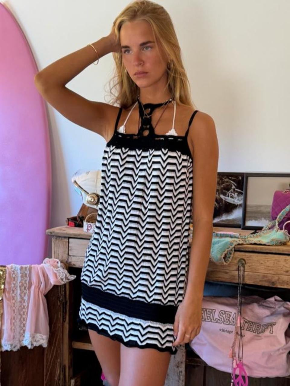 Vintage 00’s black and white halter mini dress