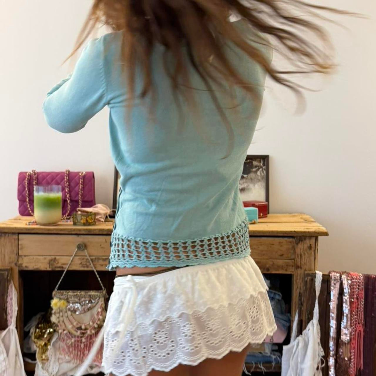 Vintage 00’s aqua blue wrap crochet long sleeve top