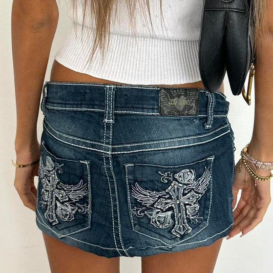 Vintage 00’s cross angel wing embroidered denim skirt