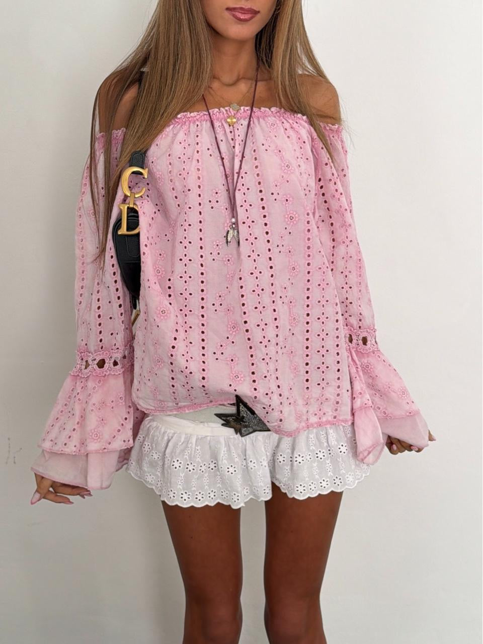 Vintage 00’s boho pink off the shoulder long sleeve top