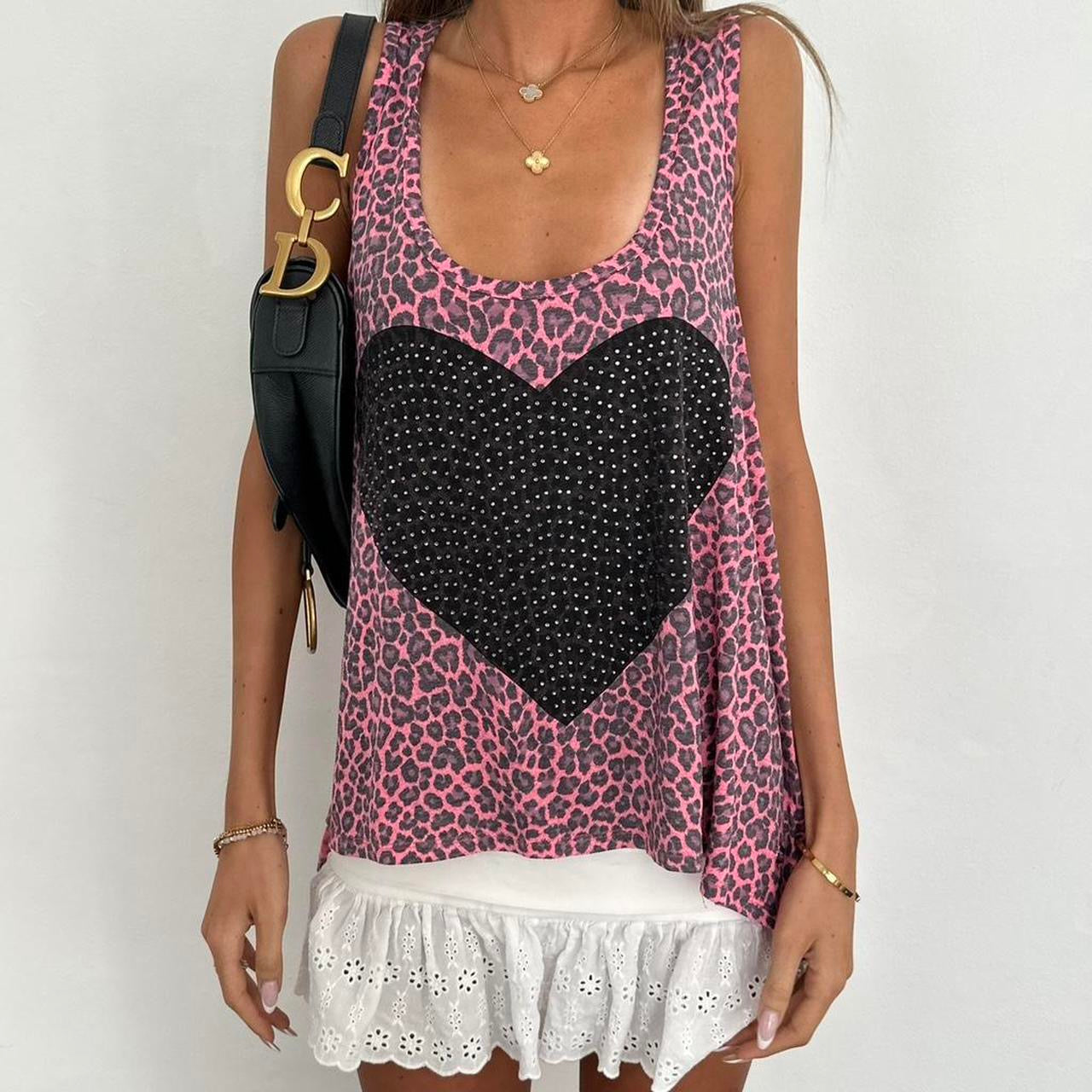 Vintage 00s pink leopard print heart top