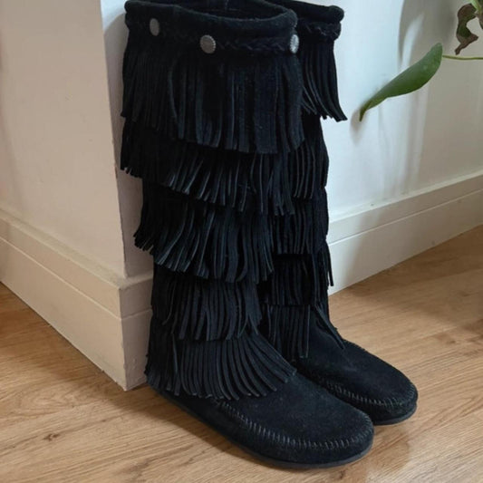 Vintage black suede fringe leather boots